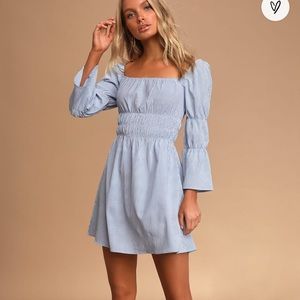 Lunch date blue gingham bell sleeve mini dress
